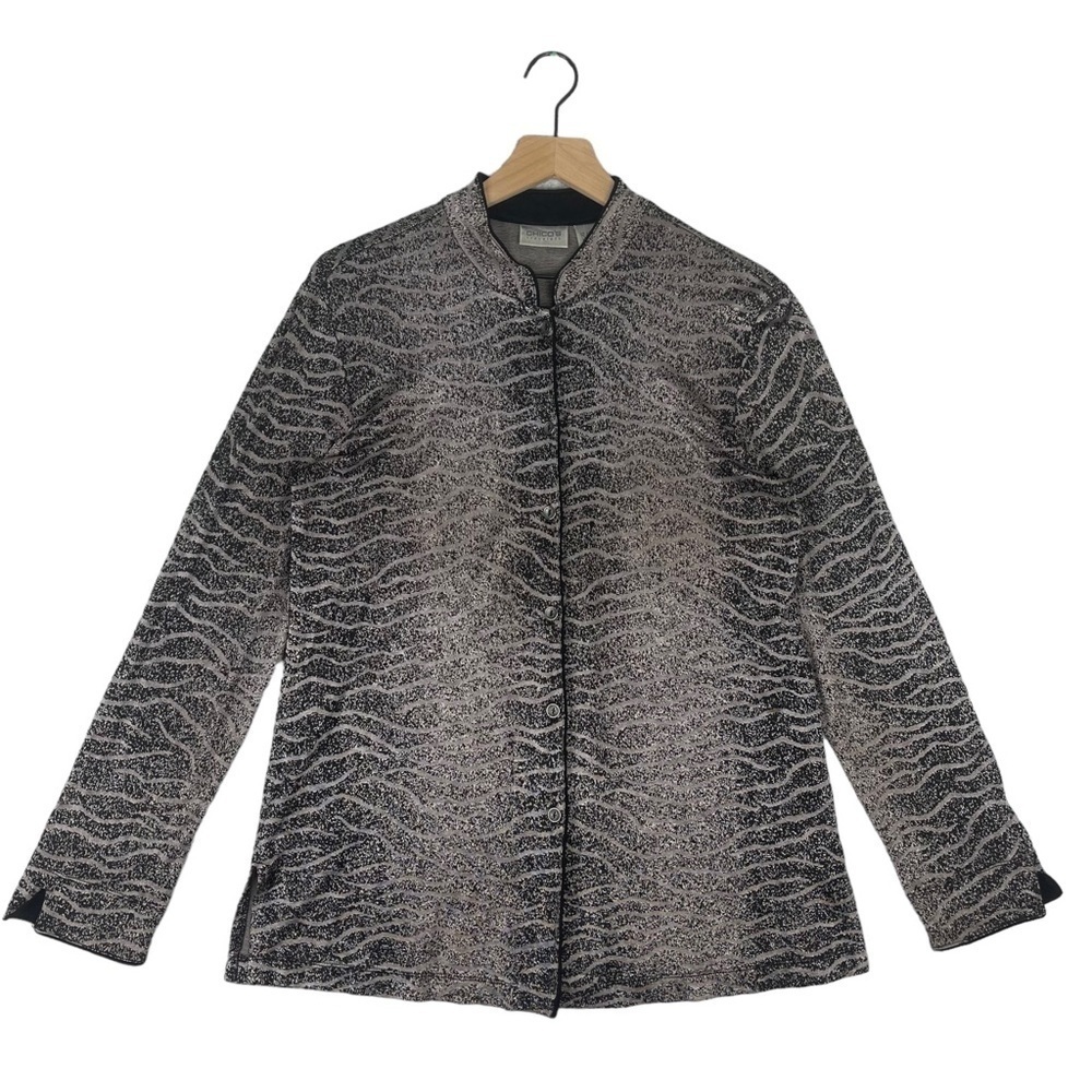 Chicos Travelers Jacket Large Allover Print Mandarin Collar Button Front Slinky